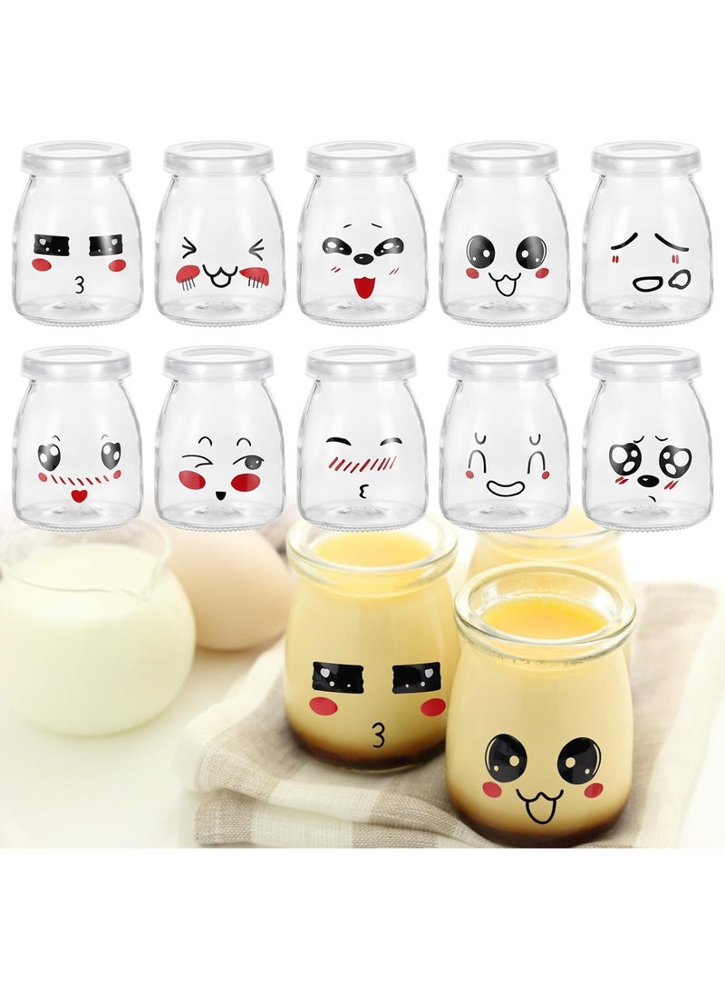 Set of 10 Glass Yogurt Jars with Lids and 10 Plastic Spoons, 100ml Capacity, Reusable Glass Dessert and Yogurt Containers with Cute Emoji Design - Image 1